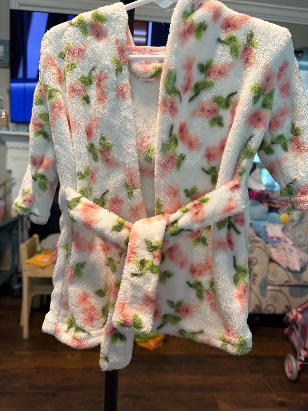 Kids Plush Floral Robe - White with Pink & Green Flowers